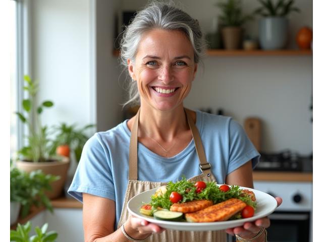 Eleanor proudly holding a vibrant, healthy home-cooked meal, representing improved nutrition