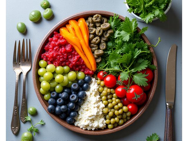 A diverse table setting with various healthy food types, representing different dietary approaches like Mediterranean, low-carb, and plant-based.