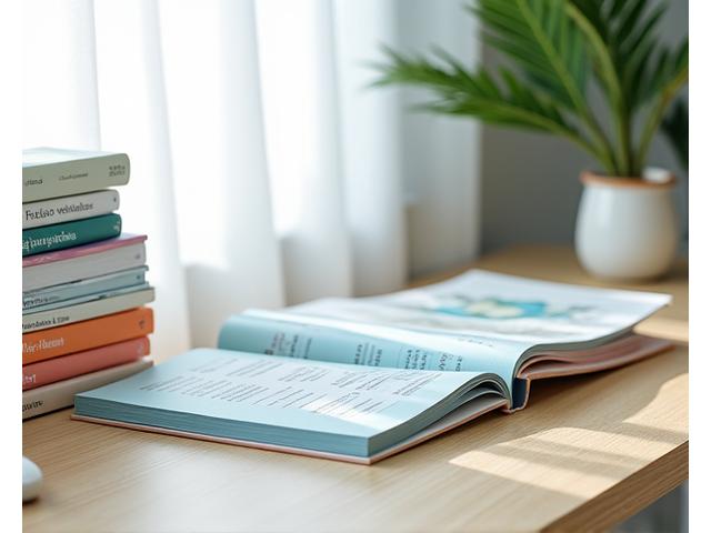 Diverse collection of wellness guides neatly stacked on a modern, clean desk, with a spotlight on one open guide revealing actionable steps.
