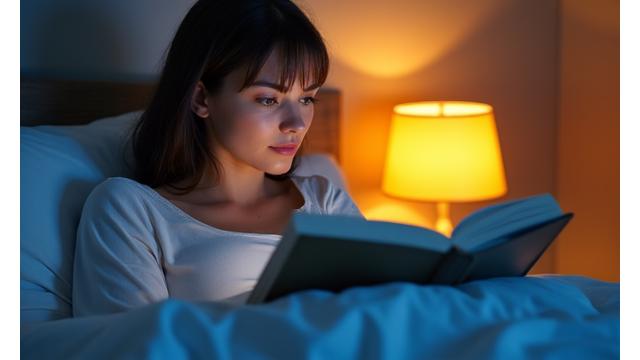 A person calmly reading a book in bed with a warm lamp, illustrating a peaceful pre-sleep evening routine.
