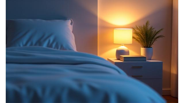 A tranquil bedroom with soft, ambient lighting, showcasing a sleek sleep tracker on a bedside table and comfortable bedding, conveying restful sleep.
