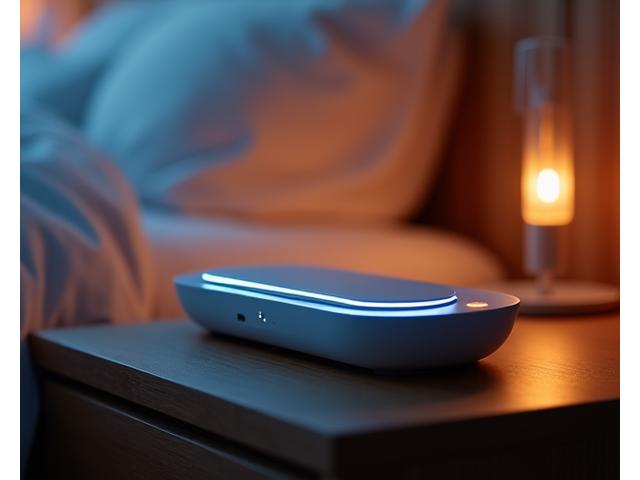 Bio-Harmonix Sleep Optimizer device on a bedside table, emitting a gentle, warm light, suggesting calm and improved sleep.